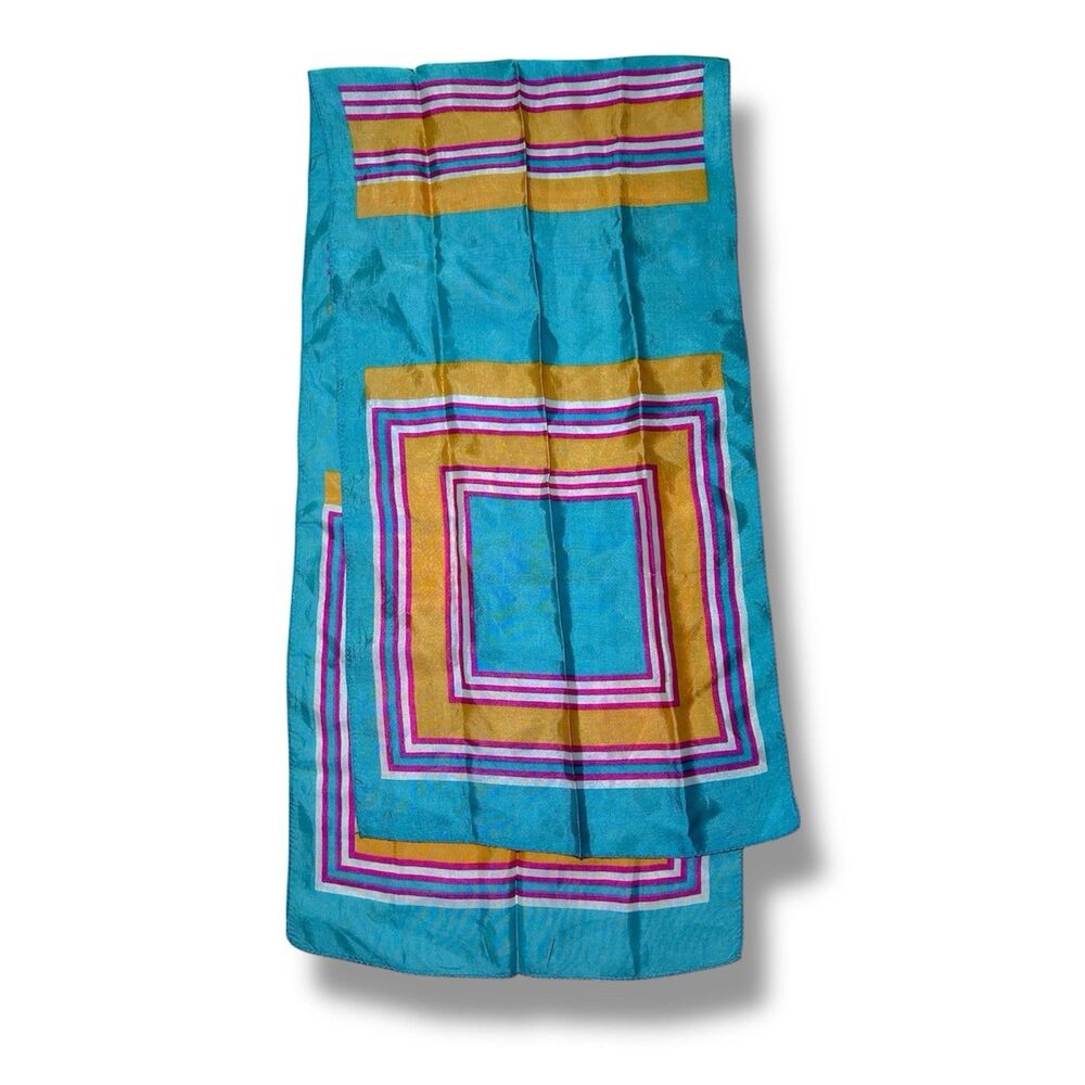 Blue Yellow Rectangular Scarf Vtg 46” X 11” Unisex Neck Scarve